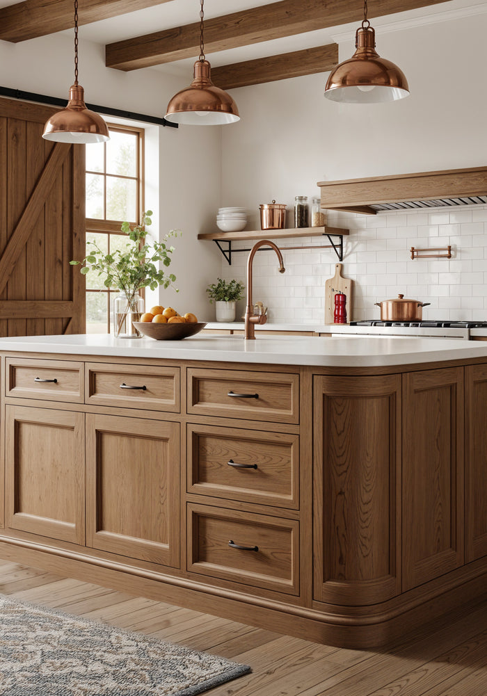 Large Modern Walnut Wood'n Finish Kit by Retique It for interior topcoat on barnwood kitchen island, showcasing wood surface and finish tools.