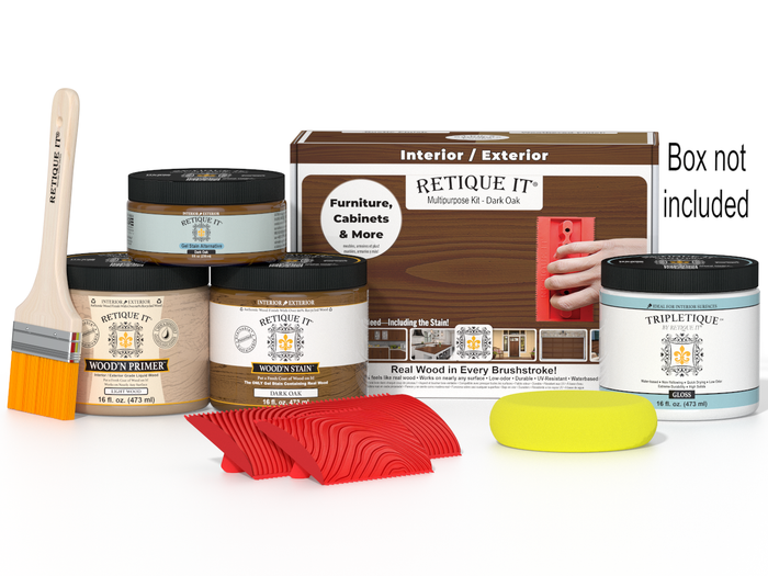 Retique It Wood'n Finish Kit in Dark Oak for interior wood projects, featuring top coat and application supplies.
