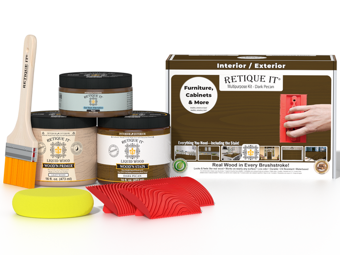 Retique It Wood'n Finish Kit in Dark Pecan, medium-sized set for wood finishing, includes brushes and finishing products.