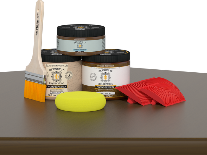 Dark Pecan Wood'n Finish Kit by Retique It for multi-purpose wood finishing, featuring brushes and finishing products.