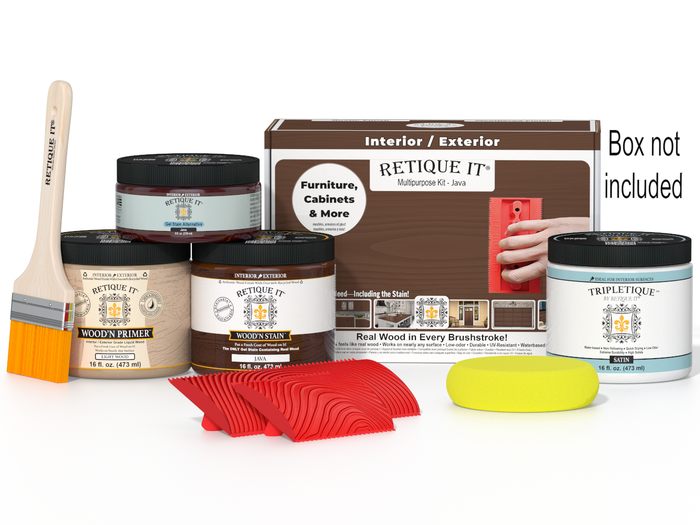 Retique It Wood'n Finish Kit Java interior top coat in a box, including wood finish supplies for multi-purpose use.