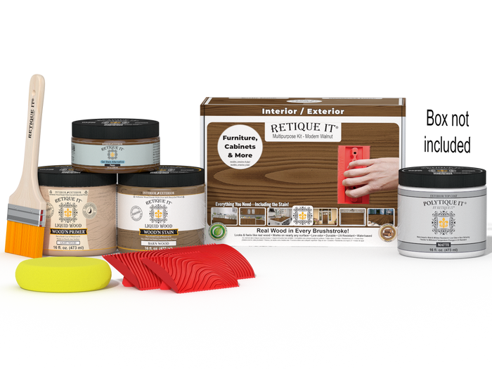 Retique It Multi-purpose Wood'n Kit (Med) in Modern Walnut with exterior topcoat, includes finish and application tools.