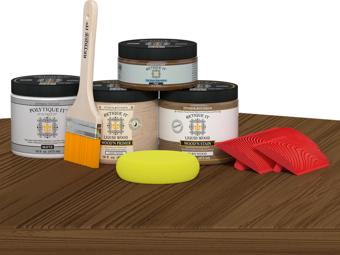 Retique It Wood'n Finish Kit in Modern Walnut for exterior projects, with wood topcoat and application palette on a table.