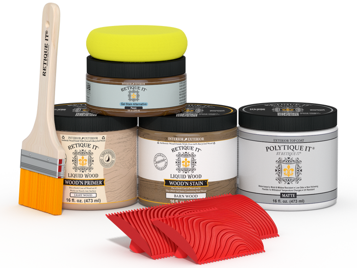 Retique It Wood'n Kit in Modern Walnut for exterior finishing, featuring wood stain and topcoat in a versatile multi-purpose kit.