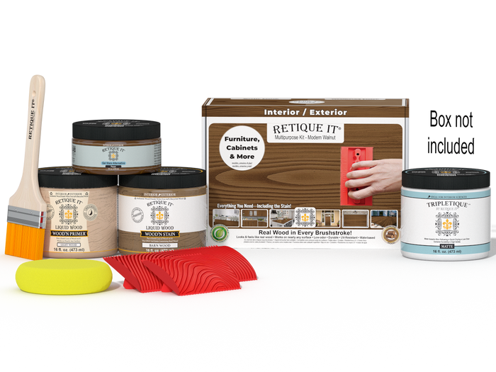 Retique It Multi-purpose Wood'n Kit in Modern Walnut with interior topcoat, includes tools and finish for wood projects.