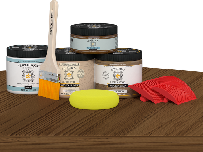 Multi-purpose Wood'n Kit in Modern Walnut by Retique It on a table, featuring interior topcoat for wood finishing projects.