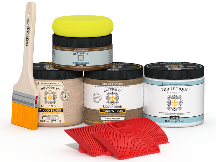 Retique It Multi-purpose Wood'n Kit in Modern Walnut for interior topcoat, includes wood finish and application tools.