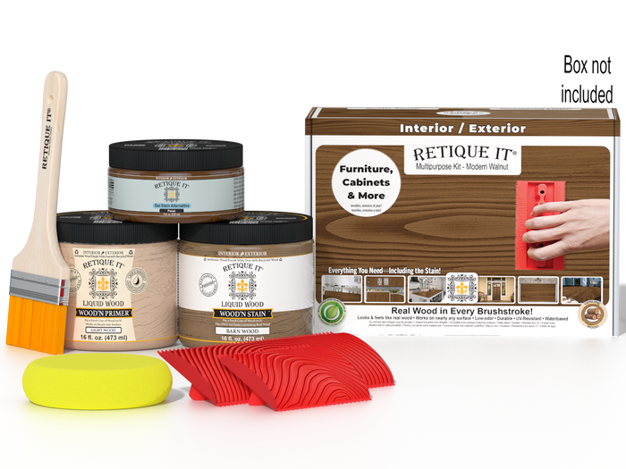 Retique It Wood'n Finish Kit in Modern Walnut for multi-purpose wood finishing, includes box with tools and supplies.