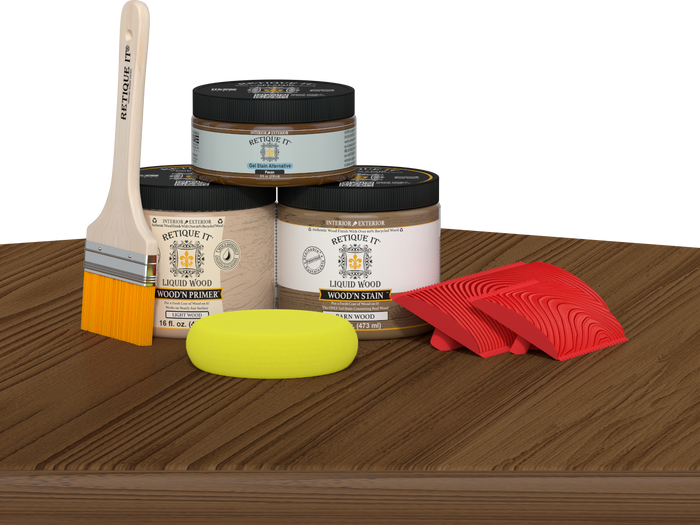 Multi-purpose Wood'n Kit in Modern Walnut by Retique It on a table, showcasing the wood finish kit for furniture and projects.