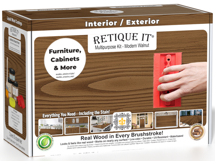 Retique It Wood'n Kit in Modern Walnut, medium-sized multi-purpose wood finish kit with wood stain and finish in a box.
