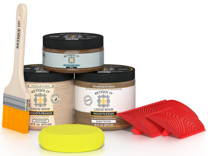 Multi-purpose Wood'n Kit (Med) in Modern Walnut by Retique It with finishing supplies and tools for wood projects.