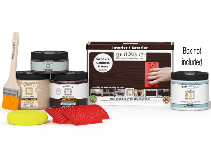 Retique It Multi-purpose Wood'n Kit in Red Mahogany for interior top coat, showing the kit's contents and packaging.