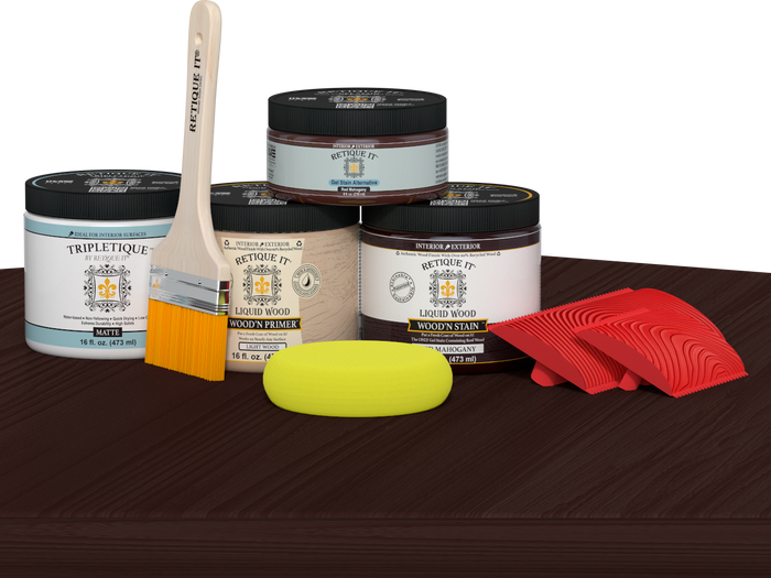 Multi-purpose Wood'n Kit in Red Mahogany for interior wood finishing by Retique It, featuring top coat and finishing supplies.