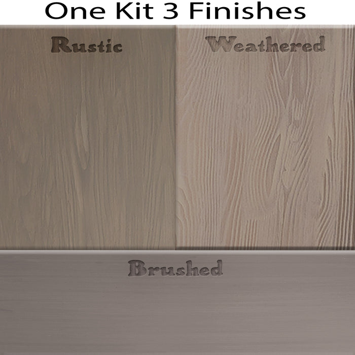 Swatches of Retique It Wood'n Finish Kit in Weathered Wood showing three interior top coat finishes for multi-purpose wood projects.