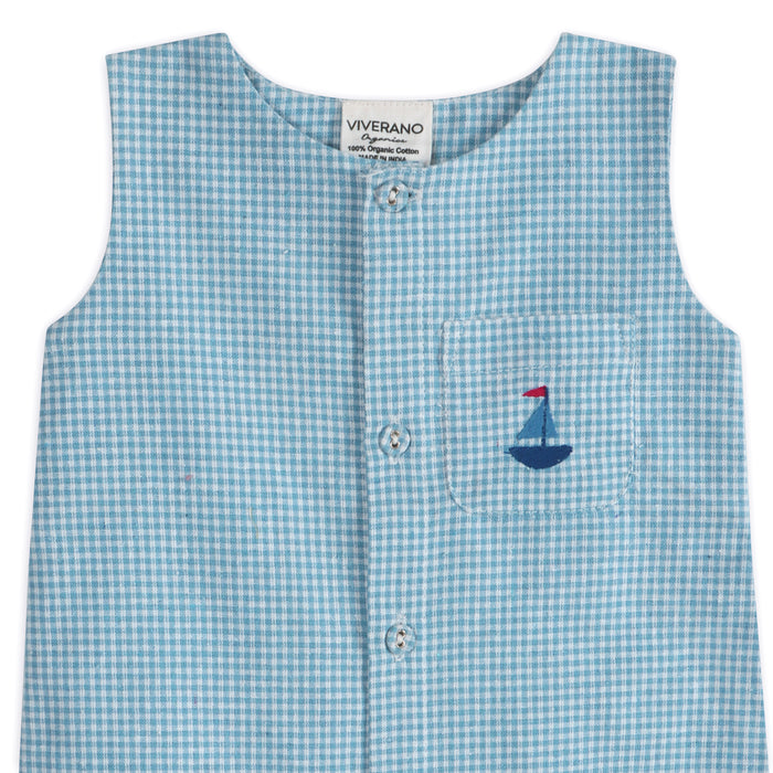 Nautical Embroidered Gingham Baby Romper Detail (Organic)