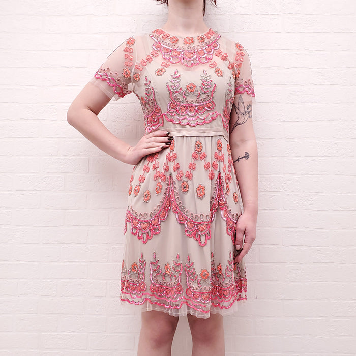 NEEDLE & THREAD PINK AND NUDE MESH SEQUIN DRESS - SIZE 8