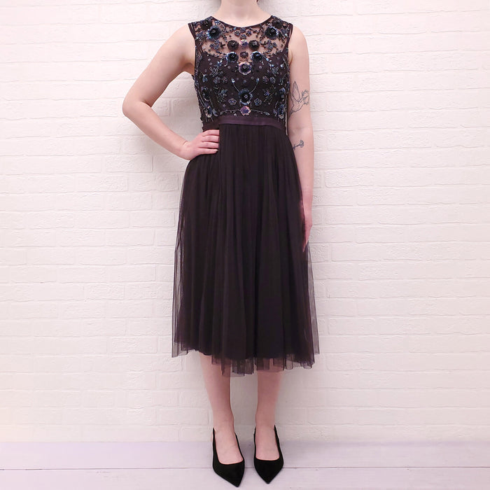 NEEDLE & THREAD PLUM FLORAL SEQUIN TULLE DRESS - SIZE 8
