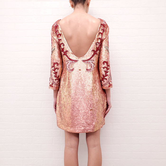 NEEDLE & THREAD ROSE GOLD & RED PATTERNED SEQUIN BEADED DRESS - SIZE 10