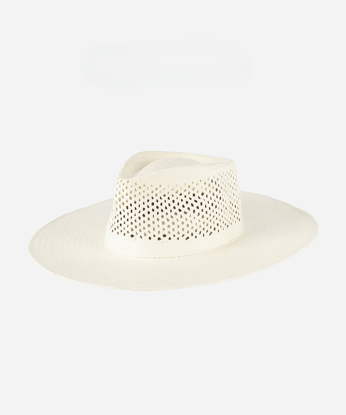 A natural white fedora hat with a wide brim and intricate venting details on a white background #color_natural white