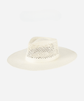 A natural white fedora hat with a wide brim and intricate venting details on a white background #color_natural white