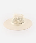 A natural white straw fedora hat with a wide brim and intricate venting details. #color_natural white