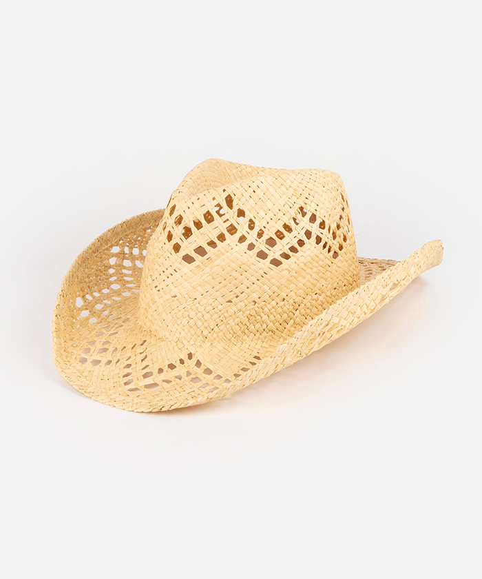 Tan colored straw fedora hat on a white background #color_natural
