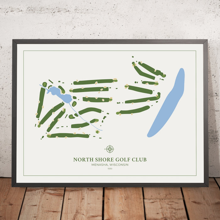 A framed image of North Shore Golf Club in the style of a simple and modern golf course map