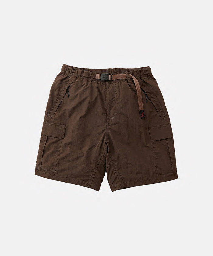 Deep brown Gramicci Nylon Explorer Cargo Shorts with a belt against a light-tone background.