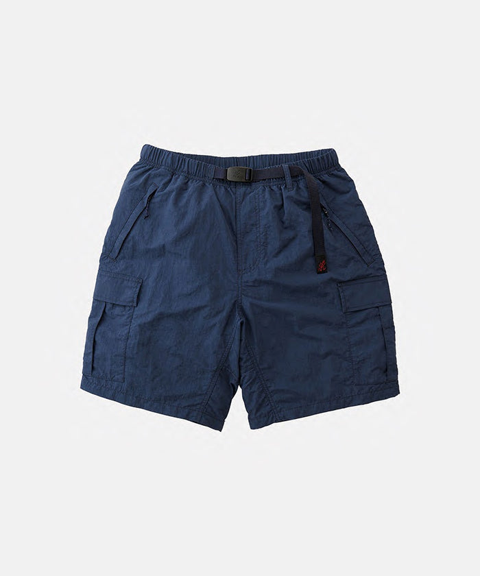 Deep navy Gramicci Nylon Explorer Cargo Shorts with a belt against a light-tone background.