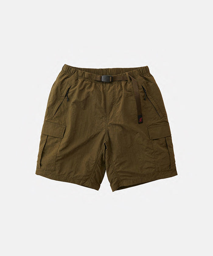 Deep olive Gramicci Nylon Explorer Cargo Shorts with a belt against a light-tone background.
