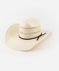 A classic white waxed paper straw cowboy hat with a traditional cattleman crown and a dark band around the base.