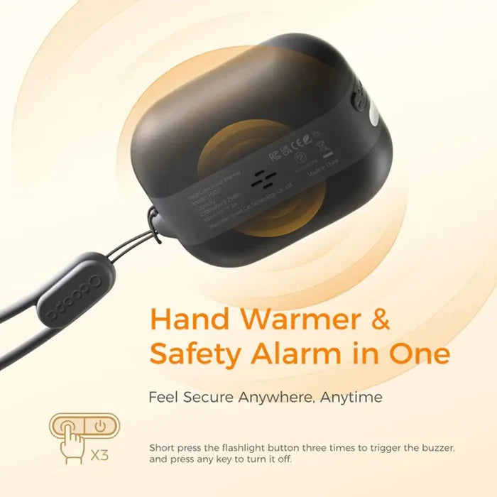 Infographic showing the hand warmer and safety alarm details of the Ocoopa Heat Cube rechargeable hand warmer