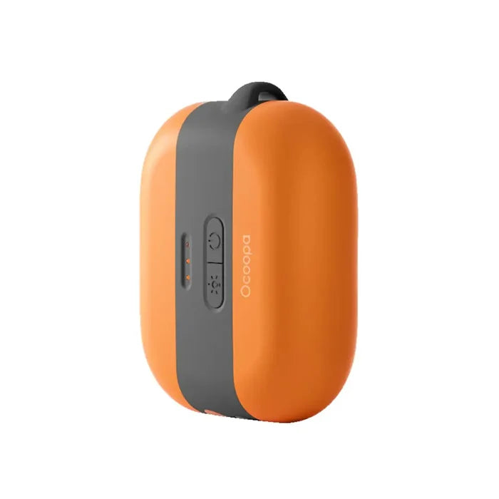 Front details of an Ocoopa heat cube rechargeable hand warmer in orange showing the light and heating buttons.