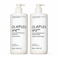 Two white pump bottles of Olaplex No. 4 Fine Bond Maintenance Shampoo and No. 5 conditioner - Hair Care Canada