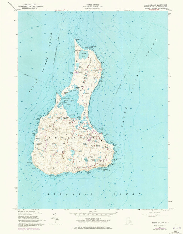 Old Map of Block Island, Rhode Island by USGS, 1957 – New Shoreham, Great Salt Pond & Mohegan Bluffs