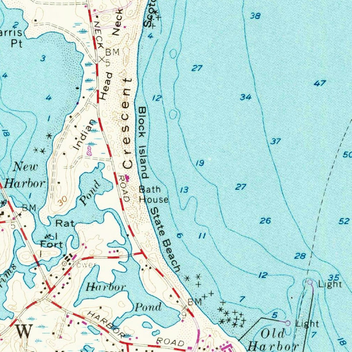 Old Map of Block Island, Rhode Island by USGS, 1957 – New Shoreham, Great Salt Pond & Mohegan Bluffs