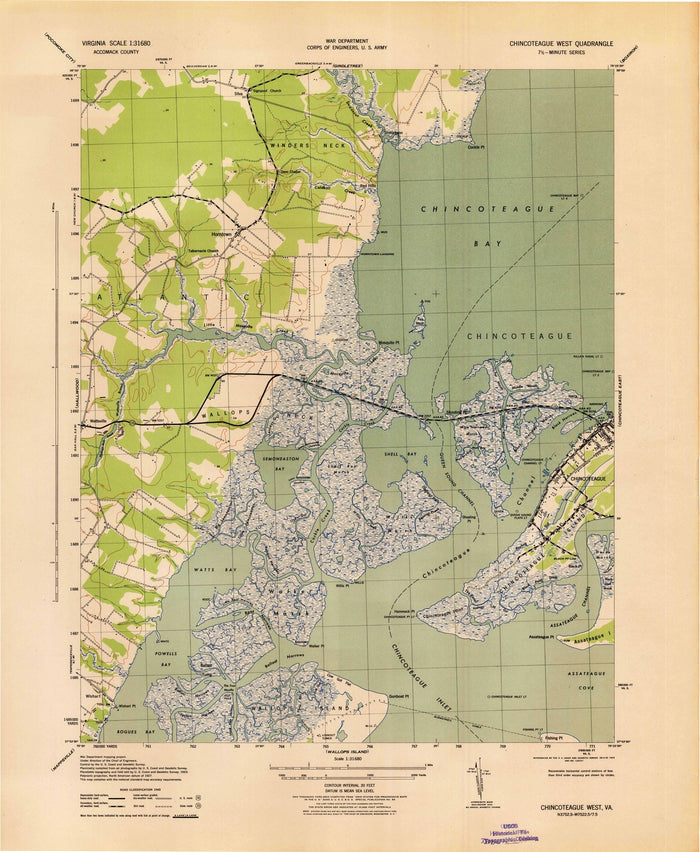 Old Map of Chincoteague, Virginia by USGS, 1943 – Wallops Island, Assateague Cove & Chincoteague Bay