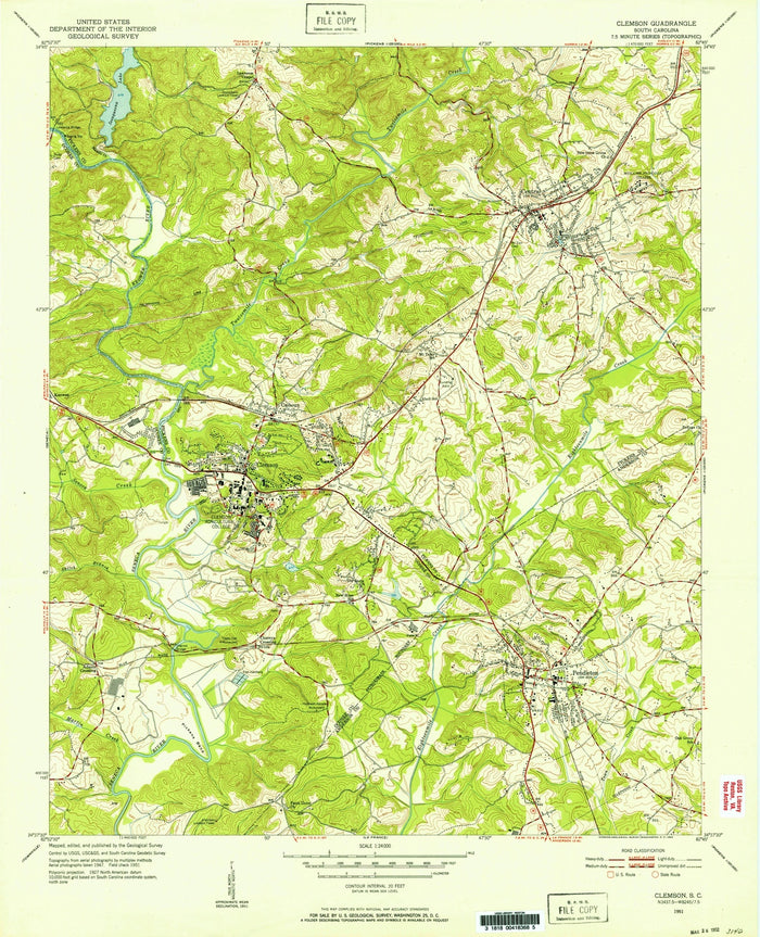 Old Map of Clemson, South Carolina by USGS, 1951 – Clemson University, Lake Hartwell & Seneca River