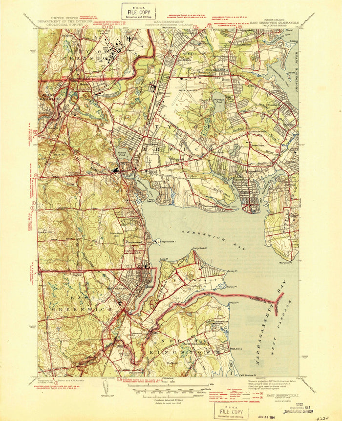 Old Map of East Greenwich, Rhode Island by USGS, 1944 – Warwick, Greenwich Bay & Narragansett Bay