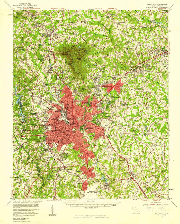 Old Map of Greenville, South Carolina by USGS, 1957 – Travelers Rest, Paris Mountain & Reedy River