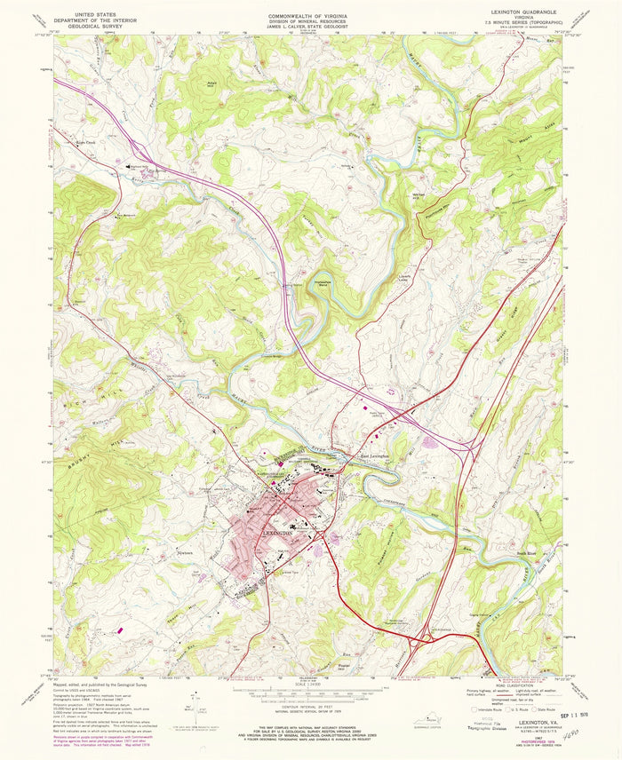 Old Map of Lexington, Virginia by USGS, 1967 – Virginia Military Institute, Washington and Lee & Natural Bridge
