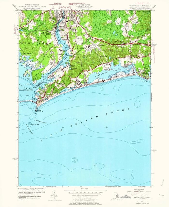 Old Map of Watch Hill, Rhode Island by USGS, 1953 – Block Island Sound & Little Narragansett Bay