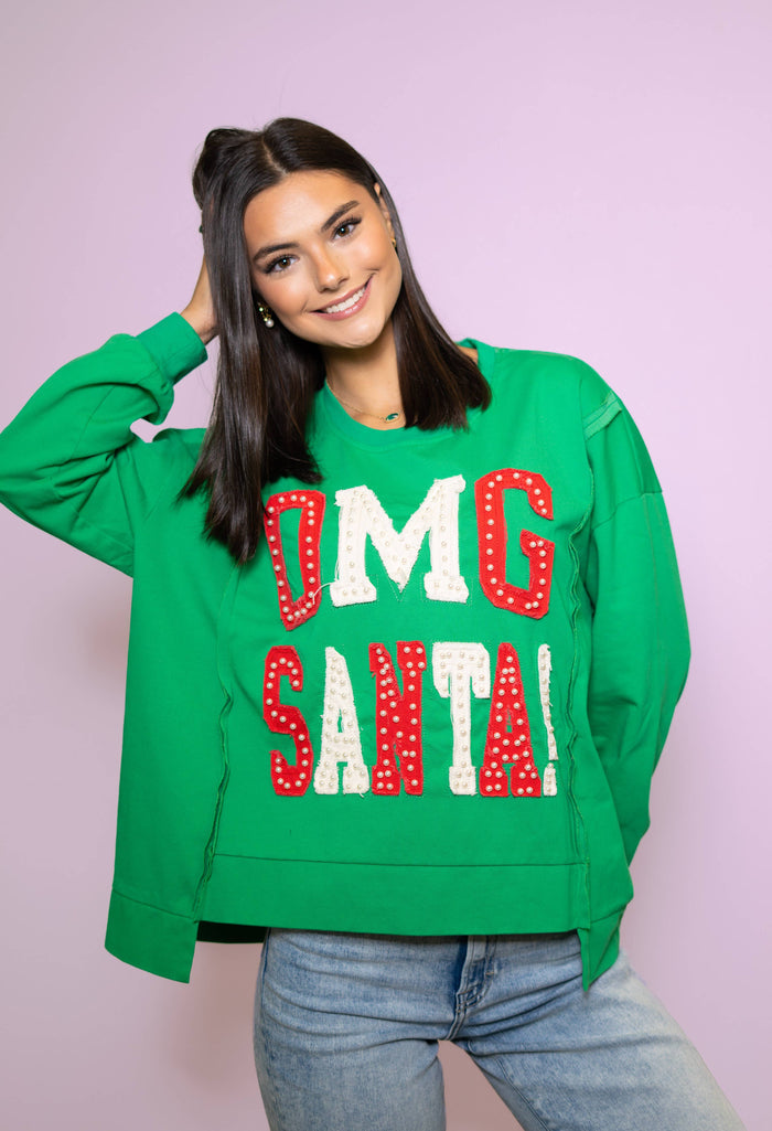 OMG Santa! | Women's Distressed Embroidery Pullover
