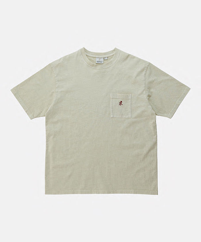 Gramicci natural pigment One Point Tee with a small running man graphic against a light-tone background.