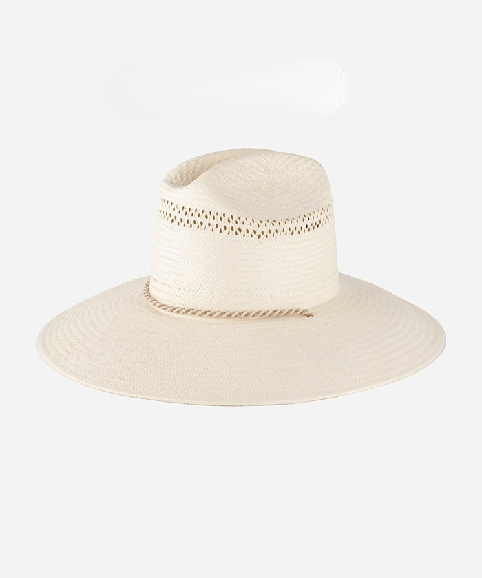 A cream colored straw hat with a band against a plain background #color_cream