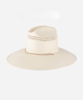 A cream colored straw hat with a band against a plain background #color_cream
