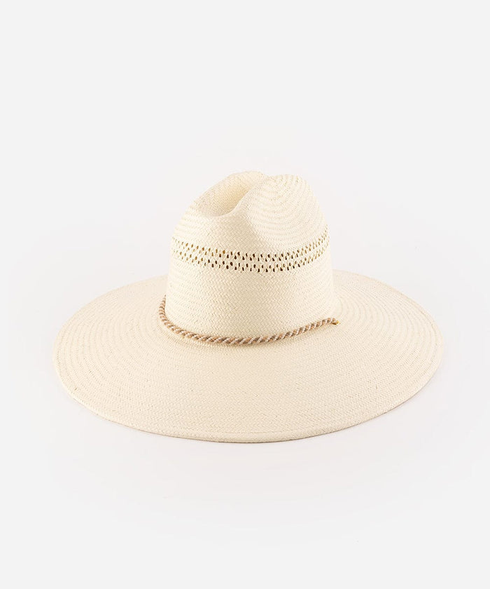 A cream straw hat with decorative band on a white background #color_cream