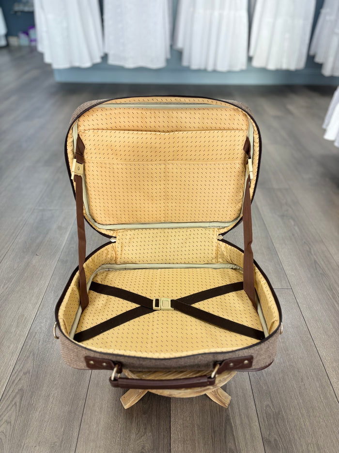 Brown briefcase bag open.
