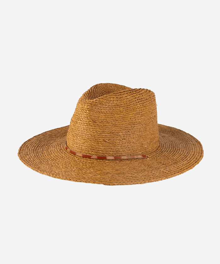 A honey colored straw hat with a hat band on a white background #color_honey