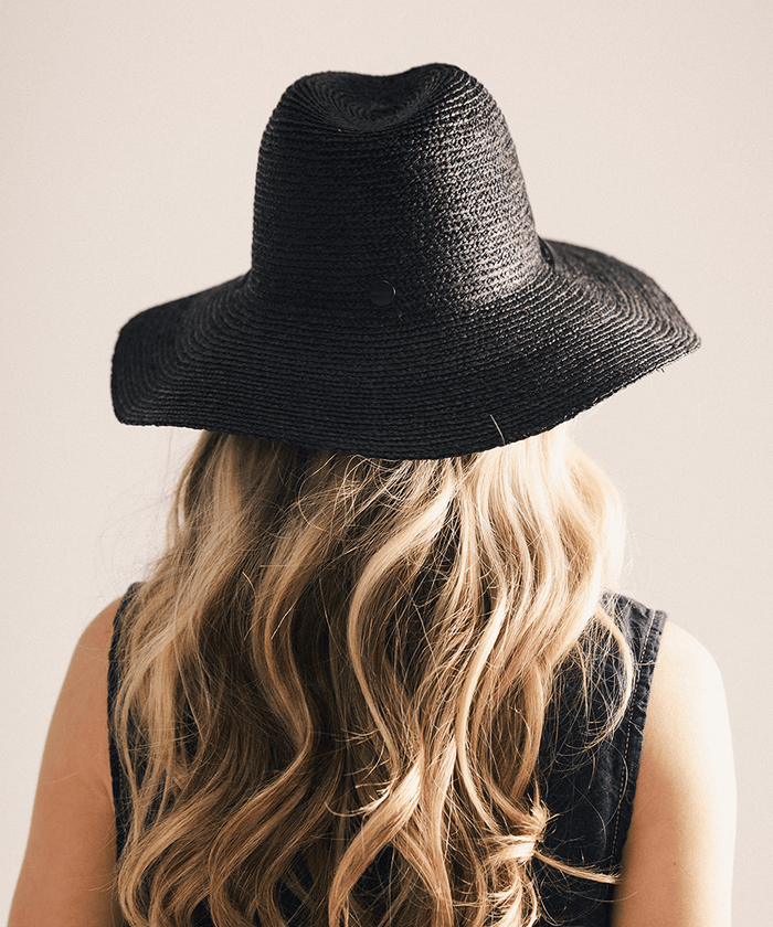 Woman wearing a black straw hat against a plain background #color_black